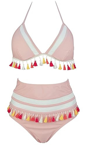 COCOSHIP Women's Mesh Striped High Waist Bikini Set Tassel Trim Top Halter Straps Swimsuit(FBA) | Amazon (US)