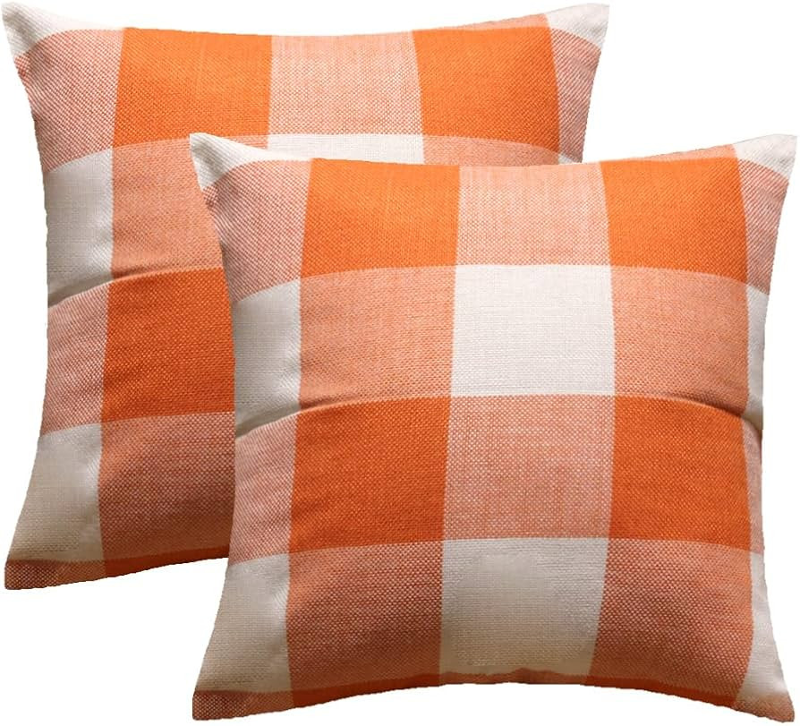 AMZ-NATURALIFE 26x26 Set of 2 Orange White Throw Pillow Covers Outdoor Buffalo Plaids Check Front... | Amazon (US)