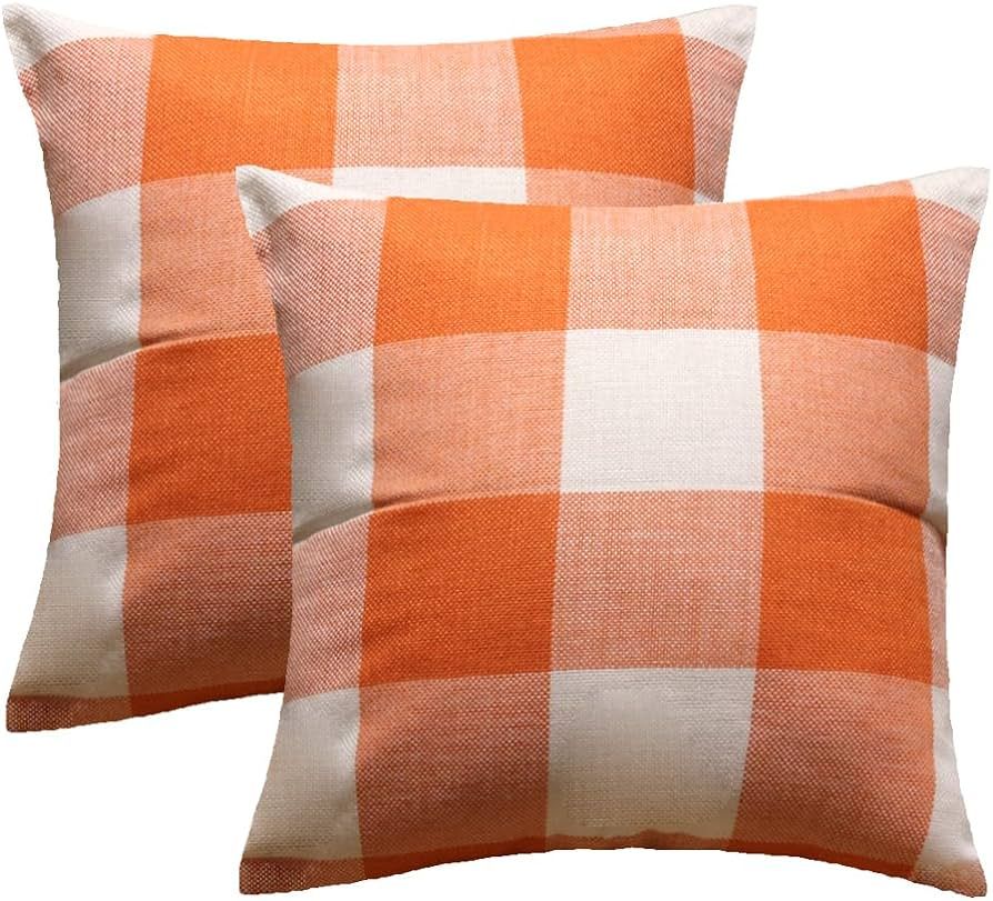 AMZ-NATURALIFE 26x26 Set of 2 Orange White Throw Pillow Covers Outdoor Buffalo Plaids Check Front... | Amazon (US)