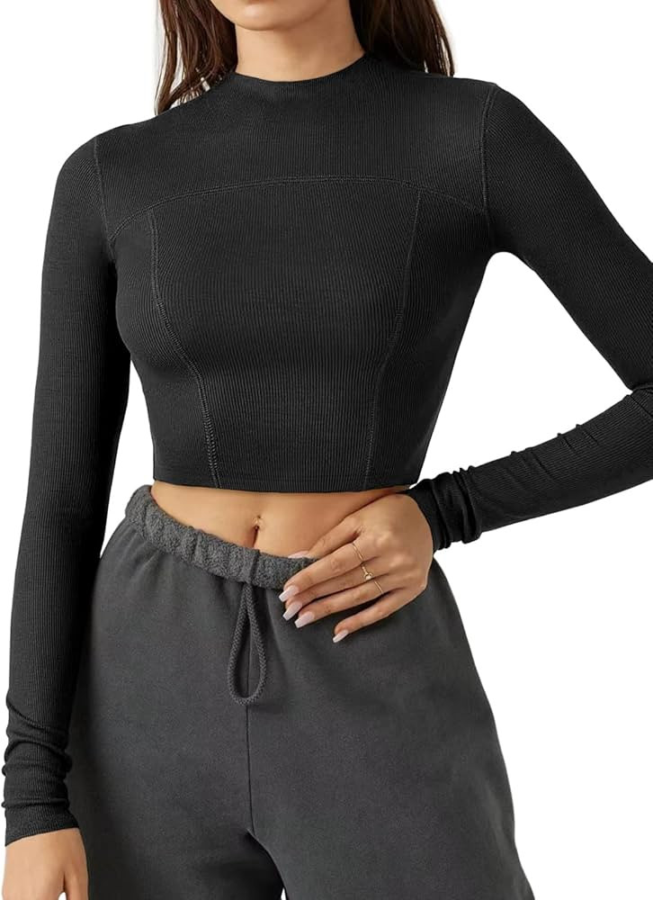LASLULU Womens Seamless Workout Top Long Sleeve Ribbed Yoga Running Shirt Cropped Athletic Shirts... | Amazon (US)