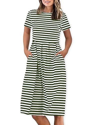 AOOKSMERY Women Casual Cotton Mid Pleat Dress 3/4 Sleeve O-Neck Stripes Dresses with Pocket | Amazon (US)