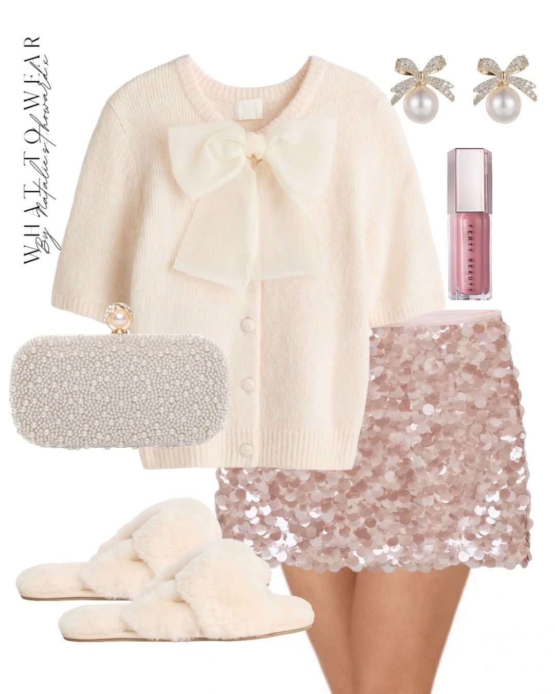 A cute and curly Christmas Day outfit styling a pink sequin skirt and  a bow cardigan. Could dress this up with heels for a Christmas party or girls brunch date too  

#LTKpartywear #LTKwinter #LTKdatenight