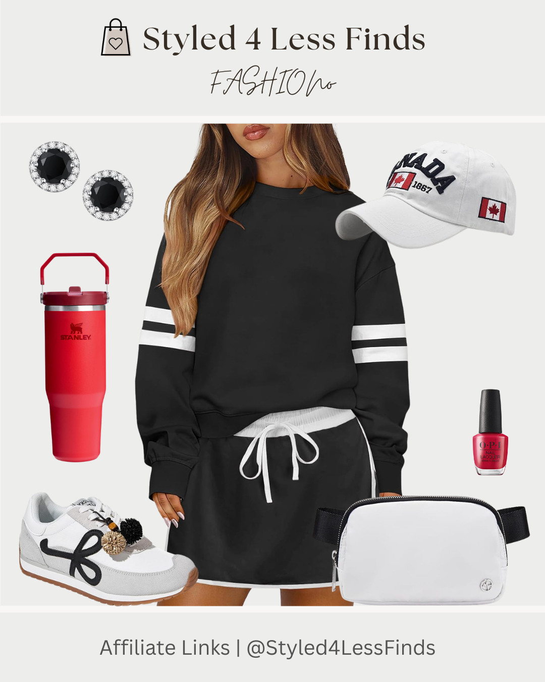 Sporty, casual, and so easy to throw on 🤍🖤 This matching set is perfect for busy days, school drop-offs, weekend errands, or anytime you want to be comfy and cute. I paired it with simple accessories and pops of red for an effortless, pulled-together look ❤️🇨🇦

Style Tip:
Add a structured crossbody or belt bag to balance out the relaxed fit of the set—instant polish without losing the comfy vibe! 

 #LTKcanada #LTKover50style #LTKstyletip