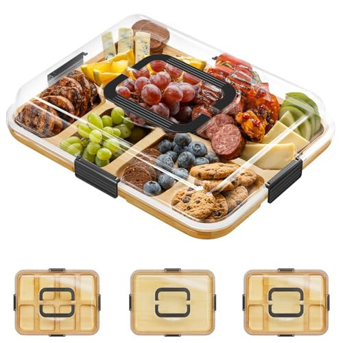 SpaceAid Charcuterie Board with Clear Lid, Portable Travel Cheese Cutting Boards for Picnic Accessories, Bamboo Serving Tray with Lids, House Warming Gifts, Black Handles, 8 Compartments | Amazon (US)