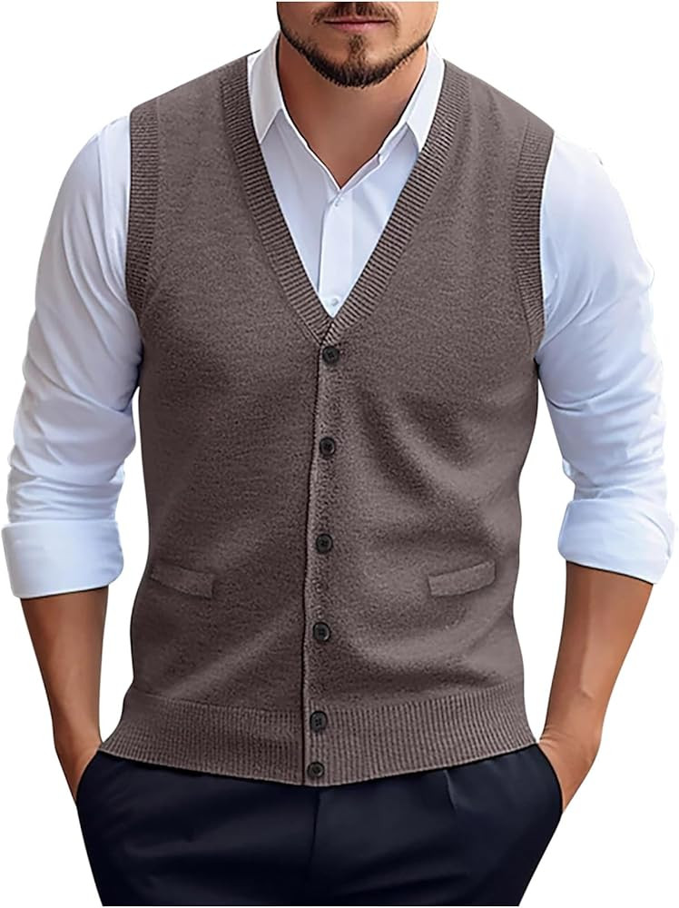 Mens Button-up Sweater Vest V Neck Knitted Waistcoat Casual Sleeveless Button Down Sweater Dress ... | Amazon (CA)