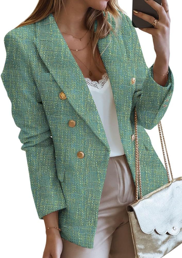 Happy Sailed Womens Double Breasted Tweed Blazers Casual Long Sleeve Open Front Blazer Jackets Wo... | Amazon (US)