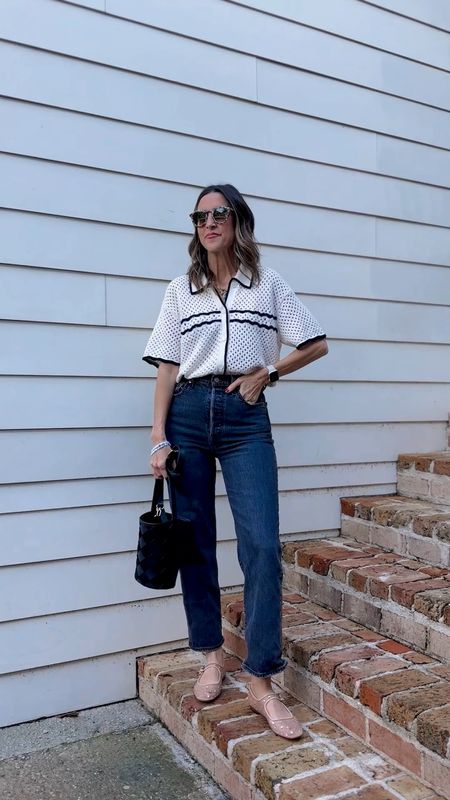 Abercrombie crochet top. 
Levi’s jeans. 
Mesh flats. Mesh rhinestone flats. 
JCrew bag. 
Krewe sunglasses  

#LTKfindsunder100 #LTKVideo #LTKshoecrush