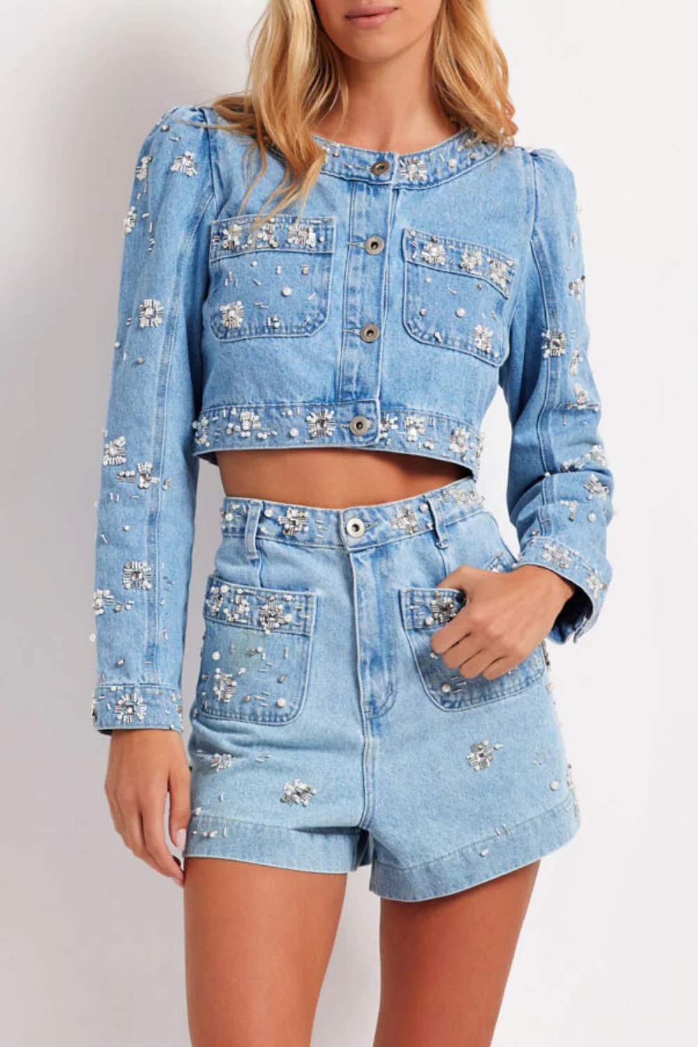 Hand-Beaded Denim Shorts | PatBO