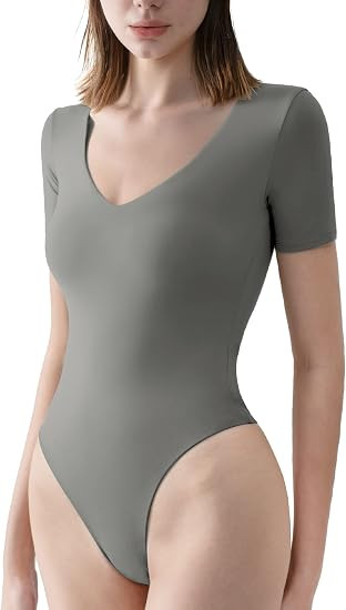 PUMIEY Women's V Neck Short Sleeve Bodysuit Sexy Tops Sharp Collection | Amazon (US)