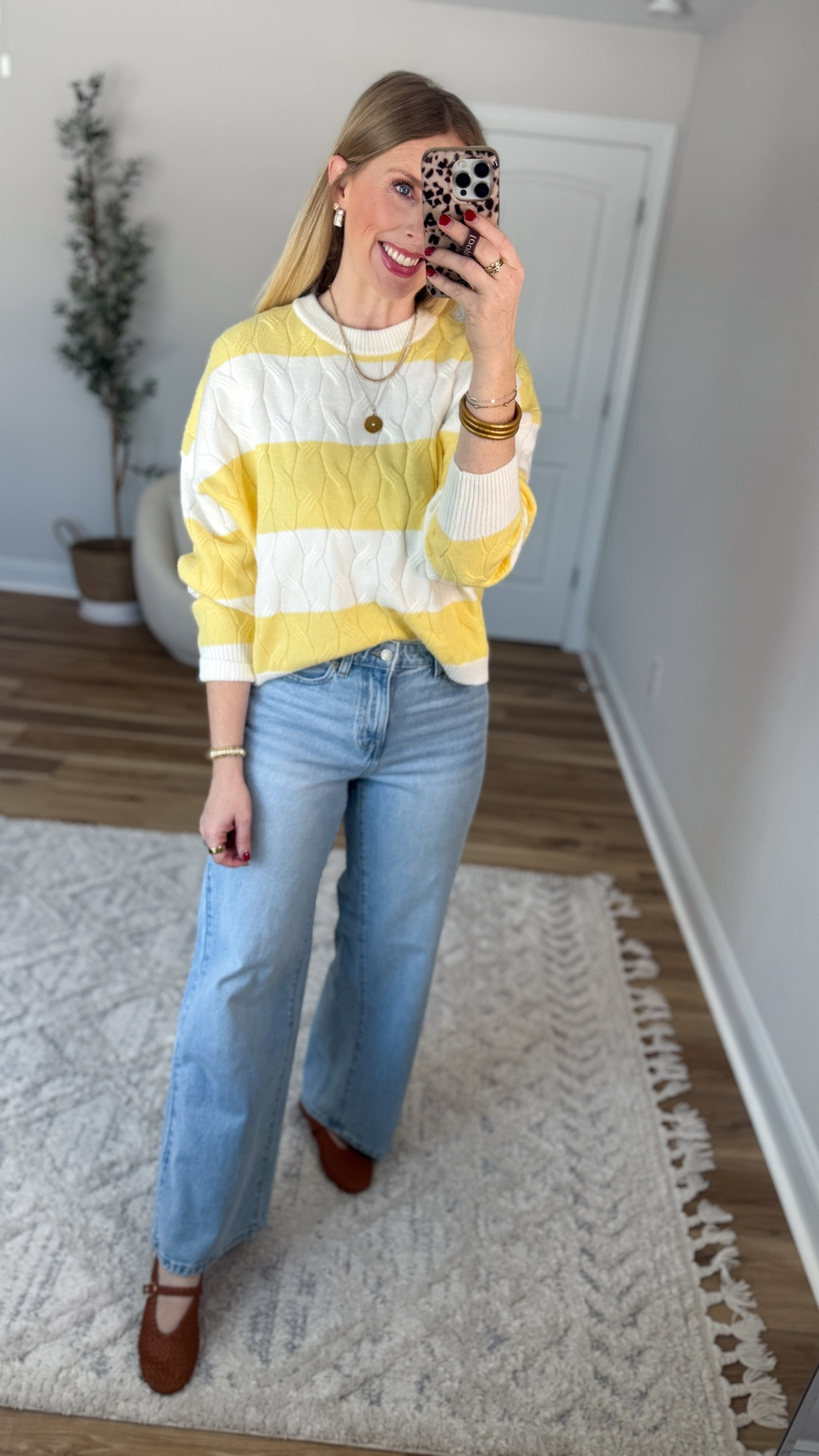 Daily try on, Walmart outfit, Walmart fashion, yellow and white stripe sweater, time and tru jeans 

#LTKootd