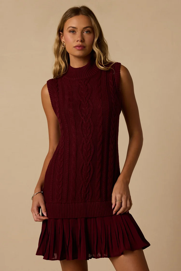 Alvie Burgundy Cable Knit Drop Waist Sleeveless Sweater Dress | Lulus