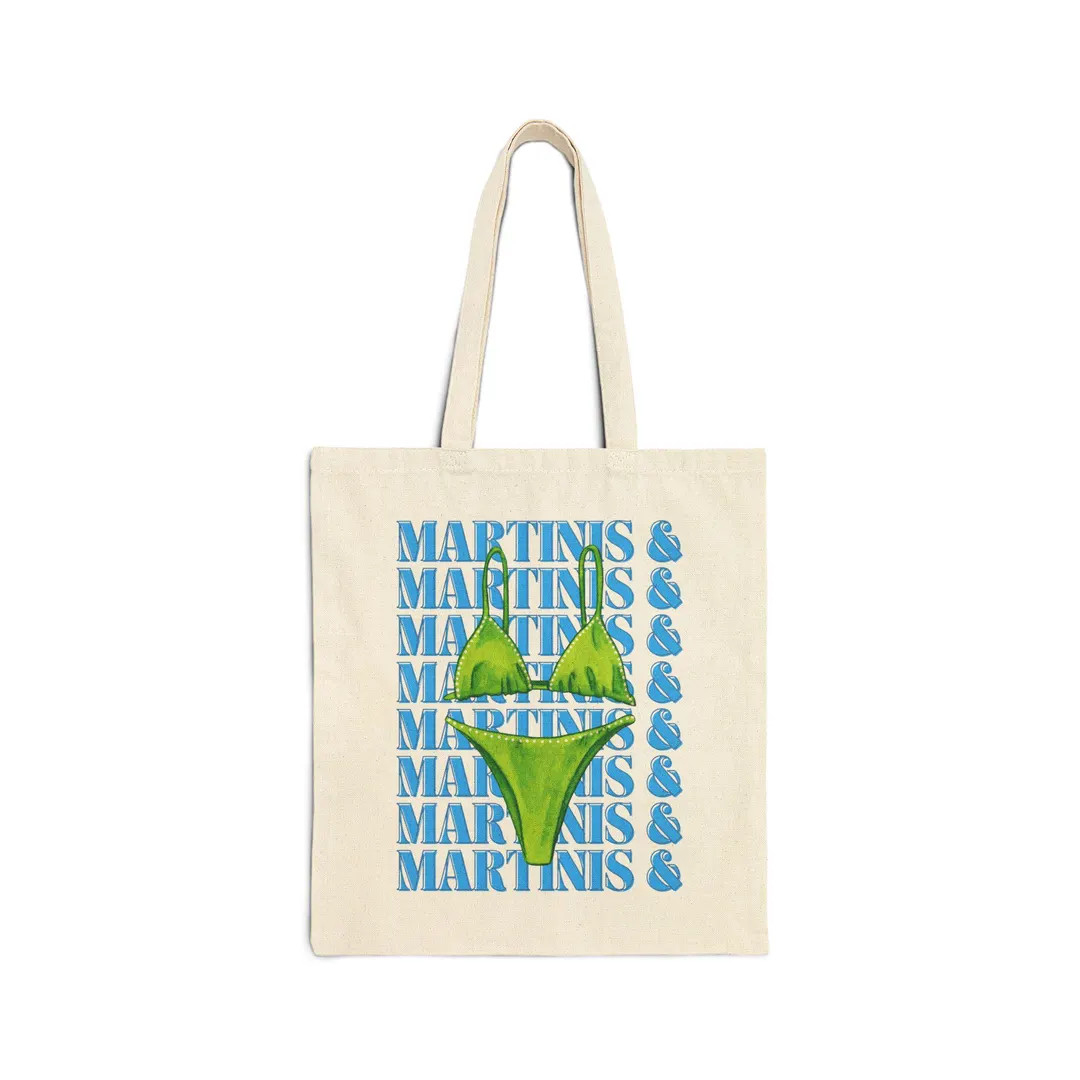 Martinis and Bikinis Cotton Canvas Tote Bag blue and Green, Bachelorette Party Goodie Bags, Bach ... | Etsy (US)