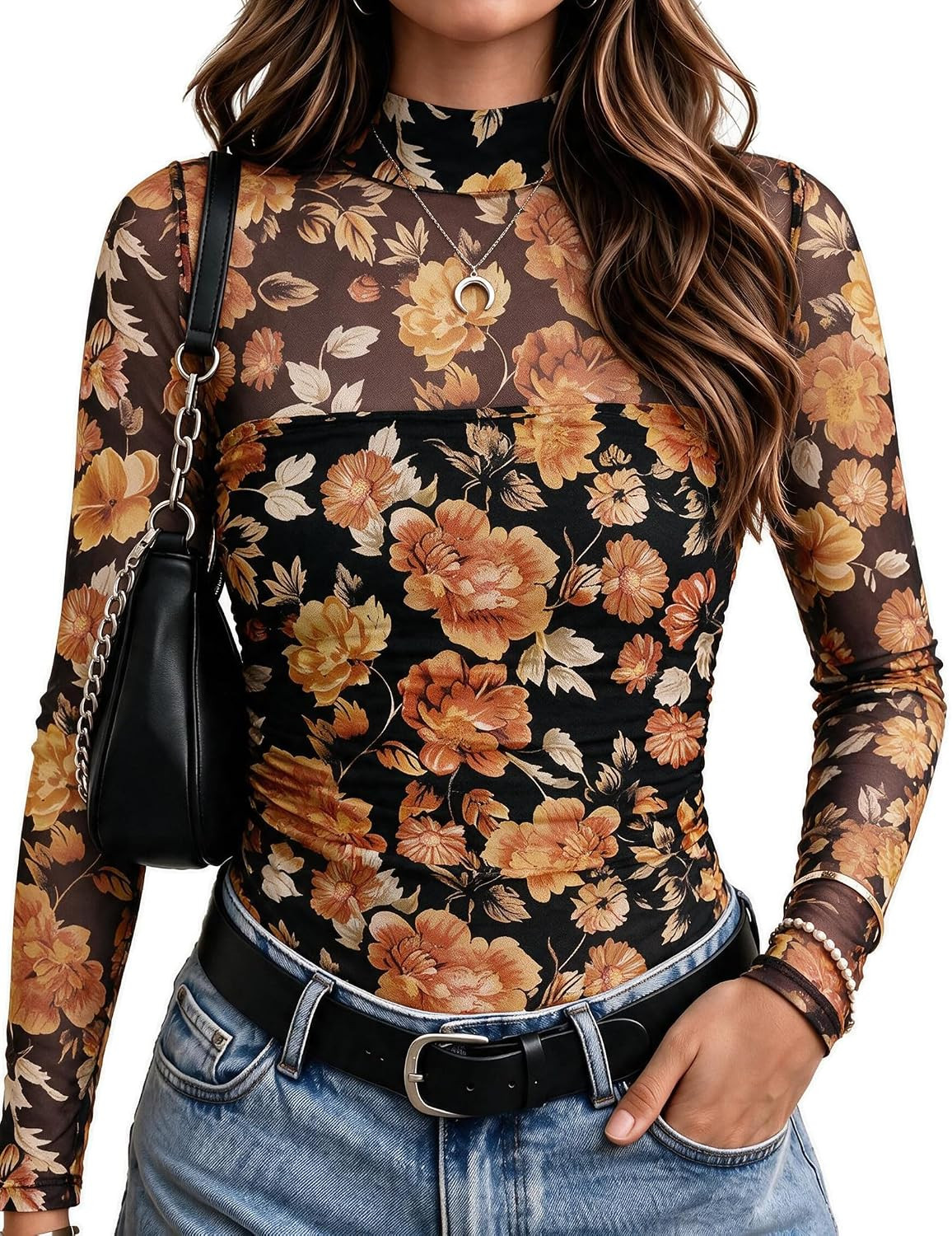 Zeagoo Women's Mesh Long Sleeve Tops Mock Neck Ruched Sheer Blouse S-2XL | Amazon (US)