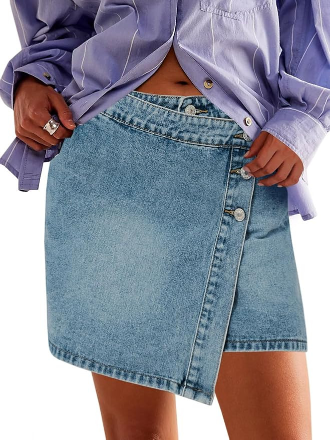 Cicy Bell Womens Jean Skirts Casual Wrap Button Asymmetrical Hem Summer Denim Mini Skirt | Amazon (US)