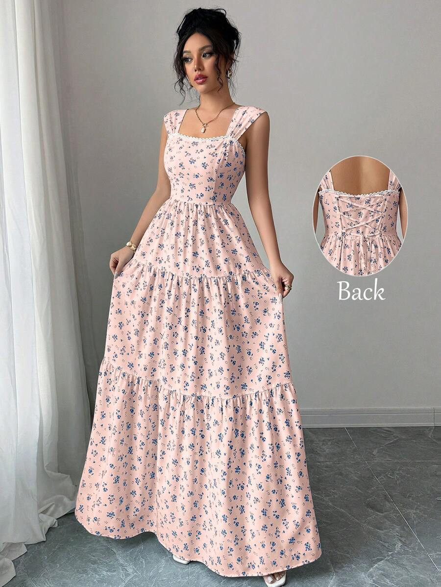 Elenzga Women's Waist-Cinched Floral Print Sleeveless Floral Dress, Elegant Resort Vacation And C... | SHEIN