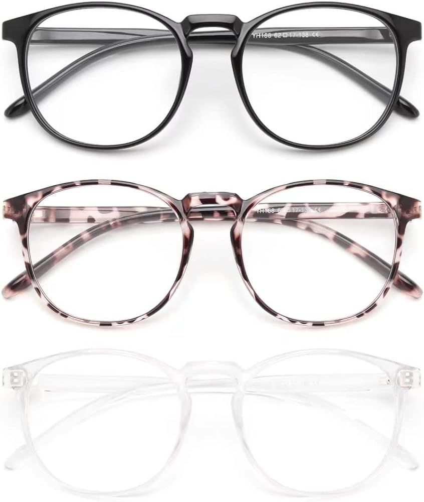 IBOANN 3 Pack Blue Light Blocking Glasses Women/Men, Round Fashion Retro Frame, Vintage Fake Eyeglas | Amazon (US)