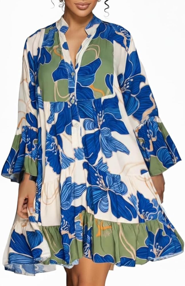 knowfashionstyle Womens Dresses 2025 Summer Boho Floral Button Tunic V Neck Dress Casual Long Sle... | Amazon (US)
