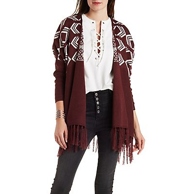Fringed Border Print Poncho Style Cardigan | Charlotte Russe
