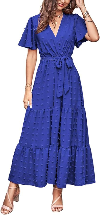 MASCOMODA Womens Boho Swiss Dot Maxi Dresses Wrap V Neck Flutter Short Sleeve Solid Tie Belt A Li... | Amazon (US)