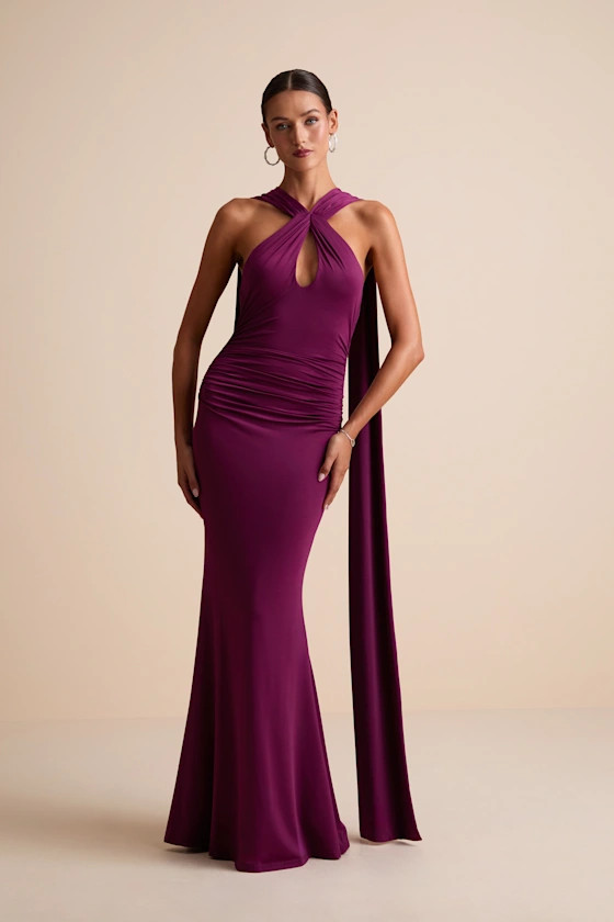 Noretta Plum Jersey Knit Keyhole Cutout Sash Maxi Dress | Lulus