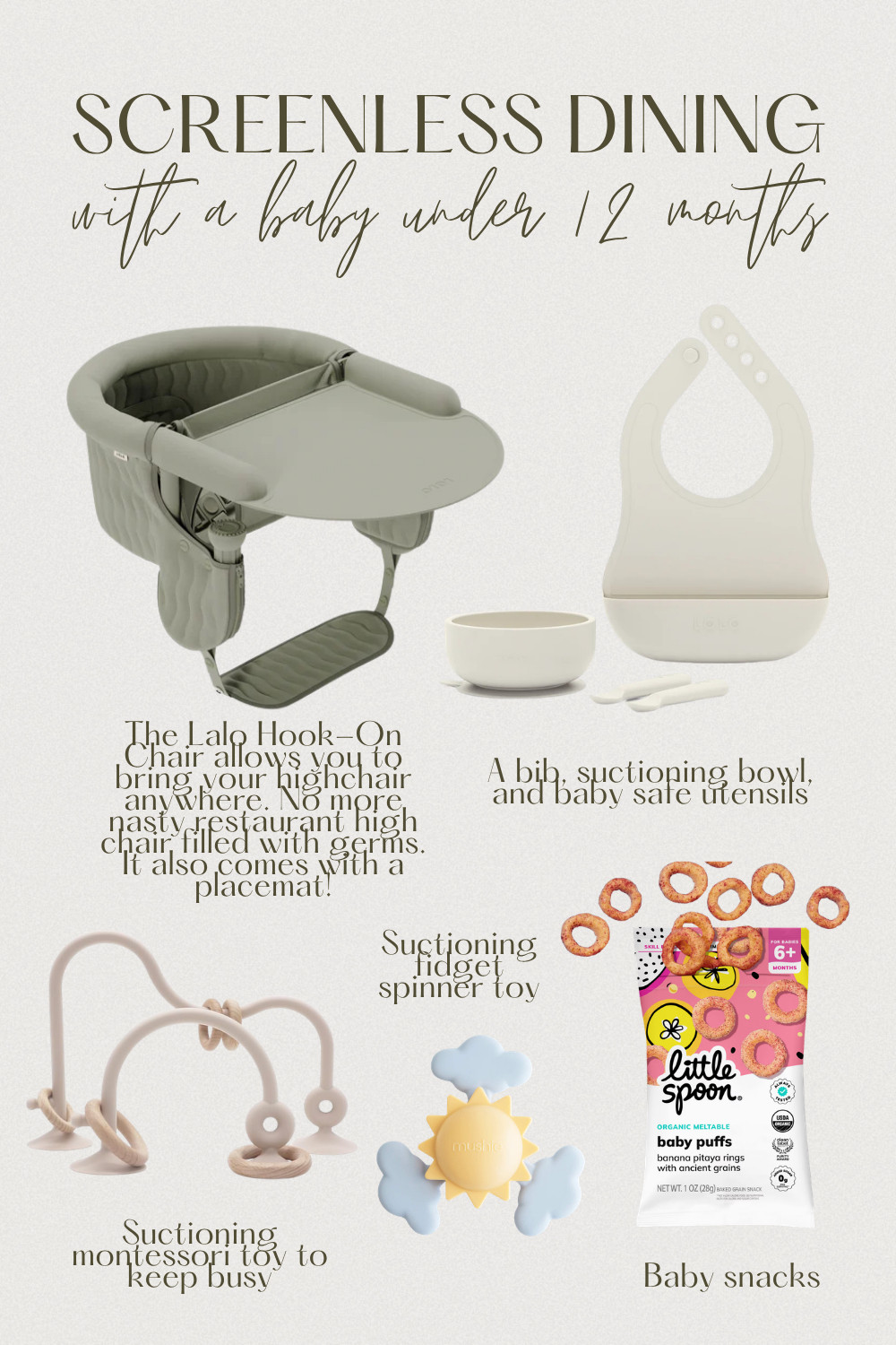 If you want to eat out with a baby but don't want to rely on screens, I feel you. 
These are the essentials I bring to keep my baby happy, contained, and actually enjoying the meal.

✔️ Portable hook-on high chair (no gross restaurant chairs)
✔️ Bib, suction bowl + baby-safe utensils
✔️ Suction toys to keep them busy
✔️ Easy, mess-free baby snacks

Save this for your next restaurant outing — it makes SUCH a difference.

#babymusthaves #firsttimemomtips #momlifehacks #babyfeeding #babyessentials #momtips #montessoribaby #travelwithbaby #babyregistry #ltkfamily 

 #LTKmomlife #LTKBaby #LTKKids