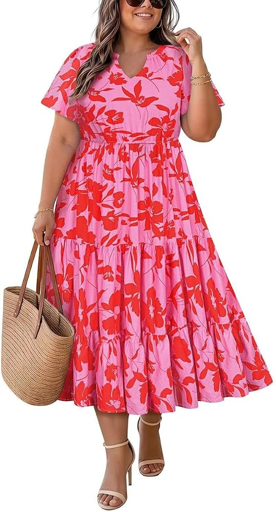 TIYOMI Women Plus Size Dress Boho V Neck Short Sleeve Beach Maxi Dresses Floral/Stripe/Leaves/Lem... | Amazon (US)