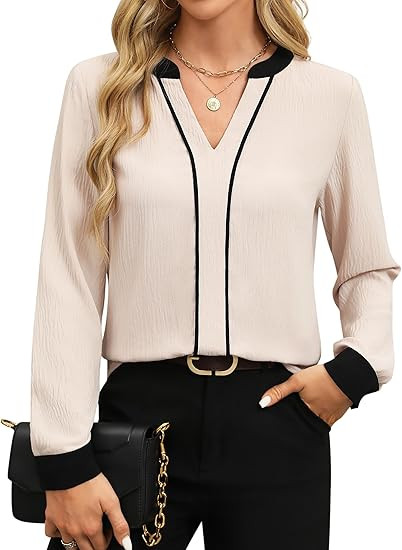 Fayenne Womens Tops Dressy Casual V Neck Color Block Business Casual Blouses Long Sleeve Work Shi... | Amazon (US)