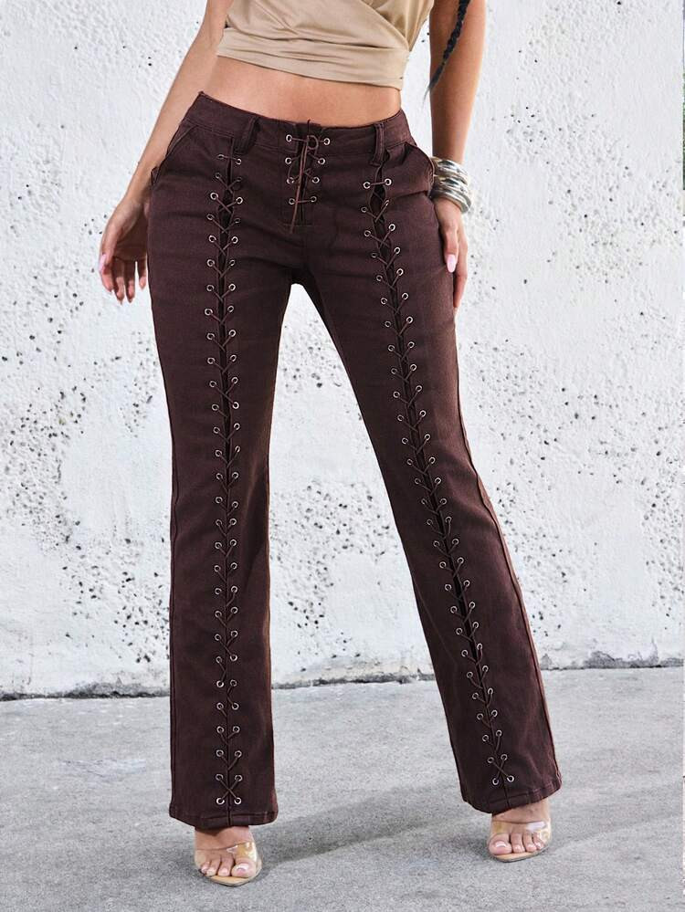 Denimoi Lace Up Boot Cut Jeans GNO Night Out Clubwear Concert Bottoms Dark Brown Summer Casual | SHEIN