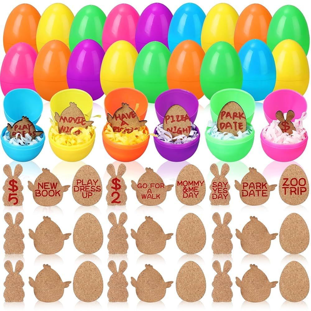 Hoolerry 48 Pack Easter Egg Tokens Set, Plastic Easter Eggs Filled with Wooden Reward Easter Toke... | Amazon (US)