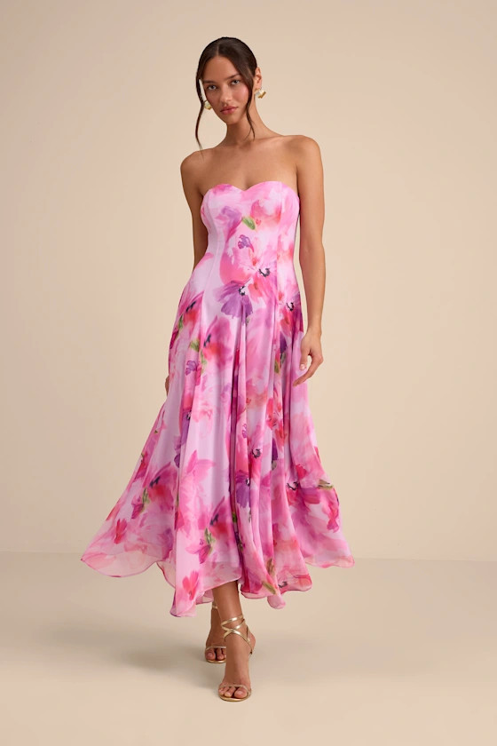 Madoria Pink Multi Floral Strapless Midi Dress | Lulus