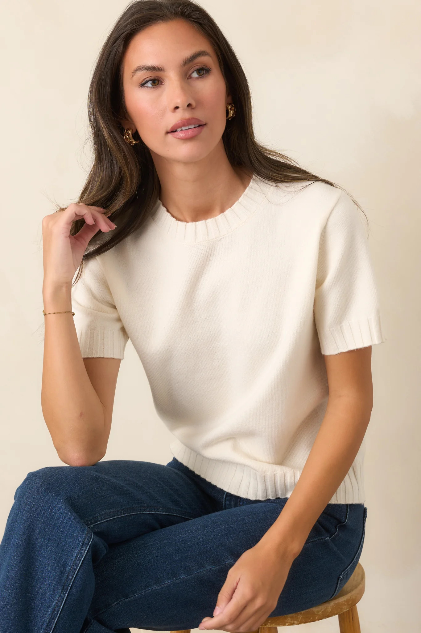 Astrid Maisie Ivory Knit Short Sleeve Sweater | Red Dress