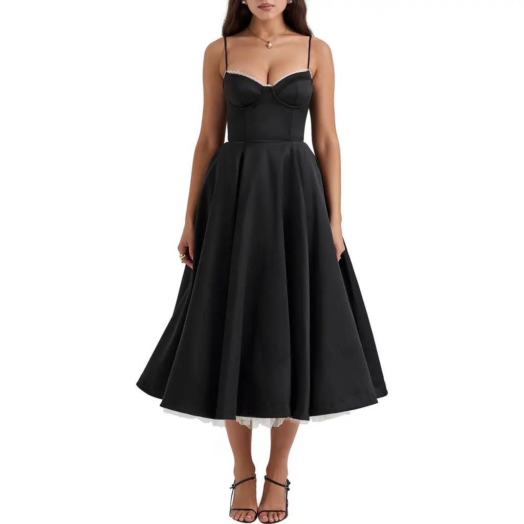 HOUSE OF CB Mademoiselle Bustier Stretch Satin Midi Dress in Black at Nordstrom, Size X-Large A | Nordstrom