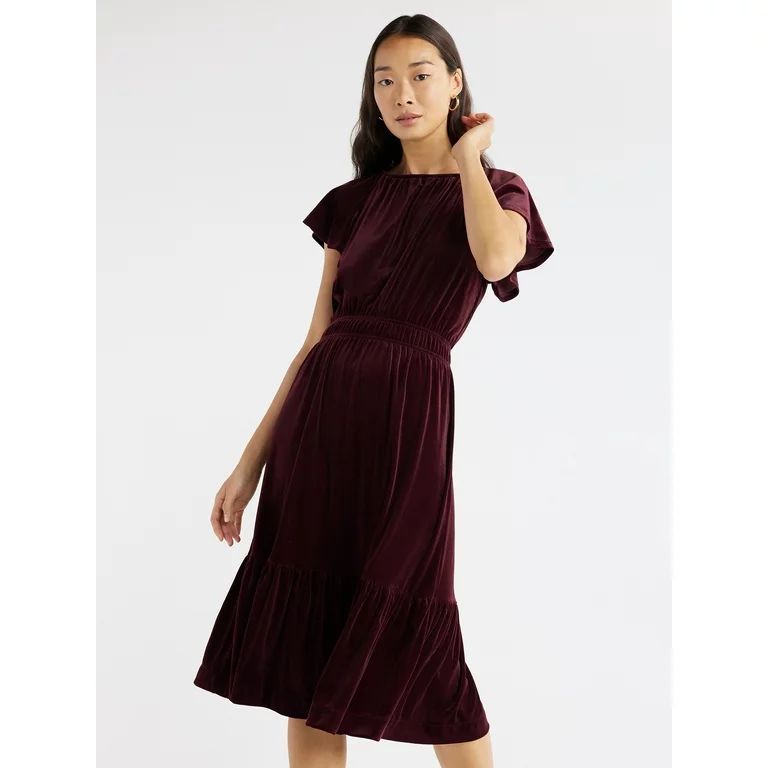 Time and Tru Women's Velvet Flutter Sleeve Dress, Sizes XS-XXXL | Walmart (US)