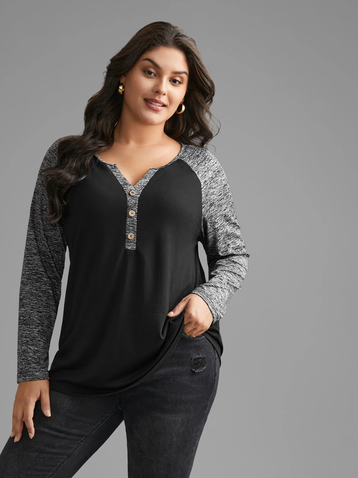 Heather Patchwork Button Detail Stretchy T-Shirt | Bloomchic