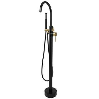 1-Handle Freestanding Floor Mount Tub Faucet Bathtub Filler with Hand Shower in Matte Black and G... | The Home Depot