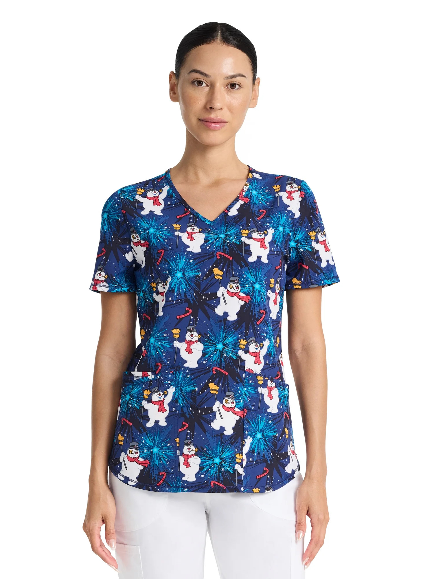Warner Bros. Frosty The Snowman Too Cool For Yule Women's V-Neck Print Scrub Top, Sizes XS-3XL | Walmart (US)