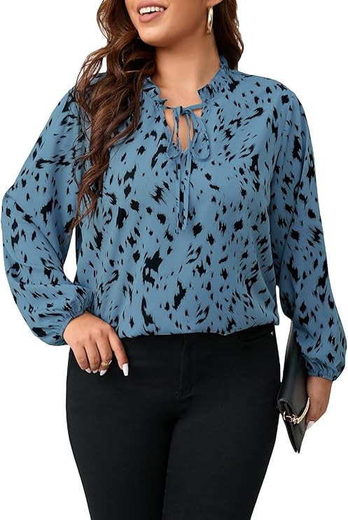 MakeMeChic Women's Plus Size Allover Print Tie Neck Long Bishop Sleeve Blouse Tops | Amazon (US)