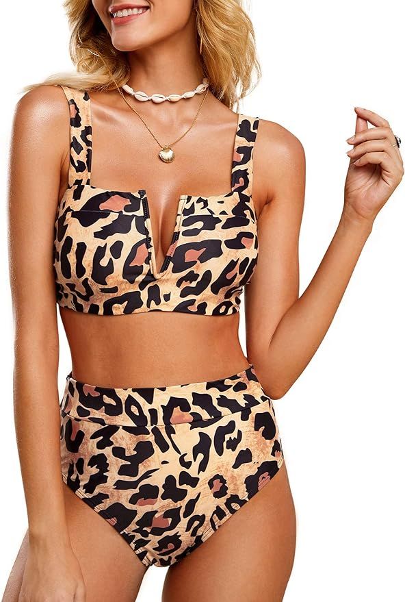 Womens High Waisted Cheetah Leopard Swimsuits Bikini Sexy Padded Push Up Animal Cow Printed 2 Pie... | Amazon (US)