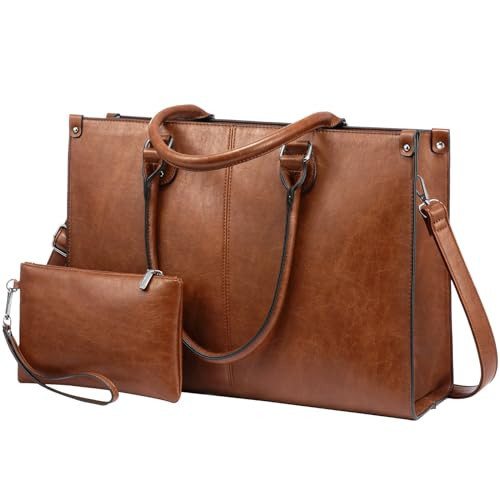 LOVEVOOK Laptop Tote Bag for Women, 15.6 Inch Large Capacity Vintage Leather Work Computer Bag, Business Casual Shoulder Handbag, Dark Brown | Amazon (US)
