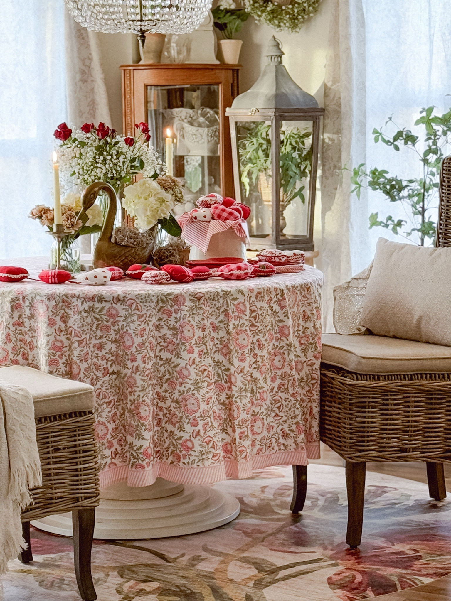 Valentine’s Day touches are starting to pop up around my dining area and kitchen, and I’m loving the mix of soft pinks, rich reds, and earthy greens. 💗 It’s simple, cozy, and perfectly charming—just the way I like it. 🕯️

This is my first of many Valentine’s Day decorating inspo posts to come, and today I’m sharing some of my favorite finds! Which color combo or decor piece is your favorite? 💕 Let’s chat in the comments friend! 

Tablecloth & Napkins: @thedecormantraus 
Flatware: @vivo.veronika 
Round Vinyl Floor Mat: @vmathome 
Dining Table & Chairs: @antiquefarmhouse 

Comment HEART for the quilted heart garland, heart bowl fillers, heart plates & more!
.
.
.
.
.
#tablesetup #tabletopdecor #cottagedecor #cottagelife #cottagestyle #cottagetablescape #farmhousestyle #tabledecor #tablelinen #tablescapes #tablesetting #tableware #cottagehome #cottagesandbungalows #cozyhome #farmhousedecor #seasonaldecor #tabledecoration #tablescape #tablescapestyling #love