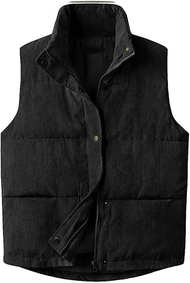 Womens Corduroy Puffer Vest Sleeveless Stand Collar Zip Up Snap Lightweight Jacket Padded Gilet O... | Amazon (US)