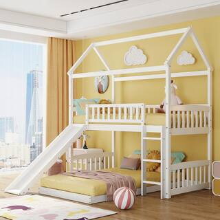 White Twin Over Twin Wood Bunk Bed with Slide and Ladder | The Home Depot