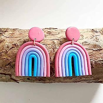 Lovely Clay Rainbow Dangle Earrings, Colorful Pink Resin U Fan Shape Round Hoop Earrings for Wome... | Amazon (US)