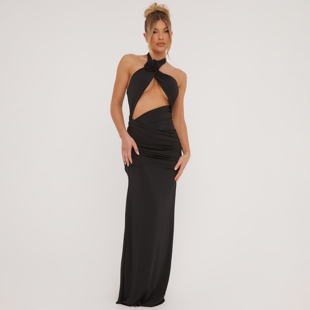 High Neck Rose Detail Cut Out Maxi Dress In Black Slinky | EGO Shoes (US & Canada)