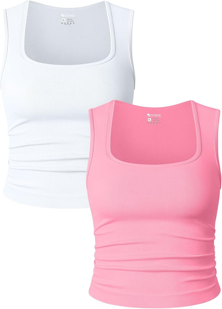 OQQ Womens 2 Piece Crop Tops Rueched Sleeveless Square Neck Stretch Basic Tank Shirts | Amazon (US)
