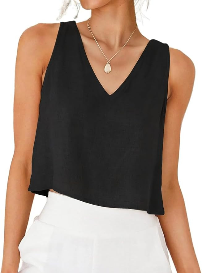 IDEALSANXUN Womens V Neck Cropped Linen Tank Tops Spring Summer Sleeveless Shirts | Amazon (US)