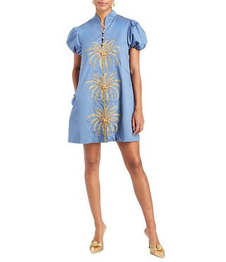 Elliana Poplin Palm Tree Embroidery Mandarian Collar Short Puff Sleeve Dress | Dillard's