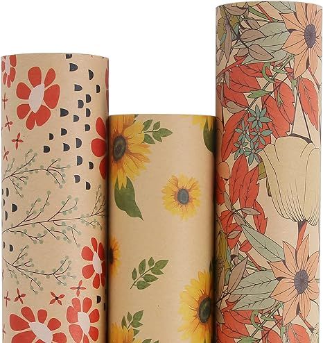 Aimyoo Kraft Floral Wrapping Paper Bundle, Vintage Spring Flowers Rose Gift Wrap Paper for Weddin... | Amazon (US)