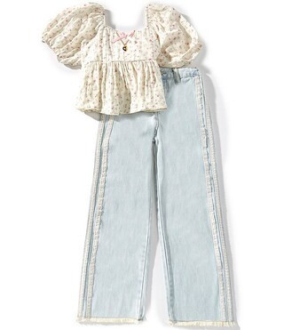 Big Girls Puffed-Sleeve Ditsy-Floral Top & Lace-Trimmed Jeans Set | Dillard's