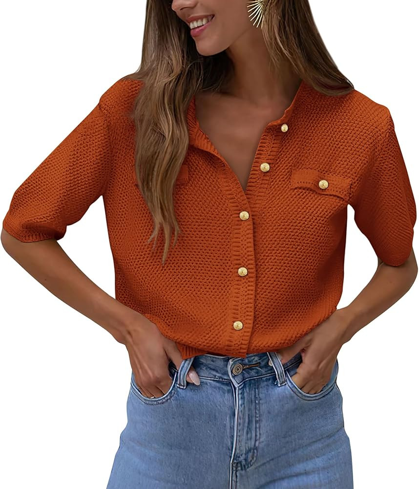 PRETTYGARDEN Women's Summer Button Down Shirts Casual Short Sleeve Crew Neck Ribbed Knit Blouse T... | Amazon (US)